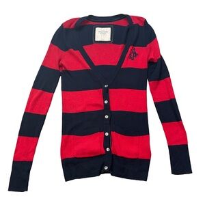 Abercrombie & Fitch Red and Navy Striped V-Neck Cardigan